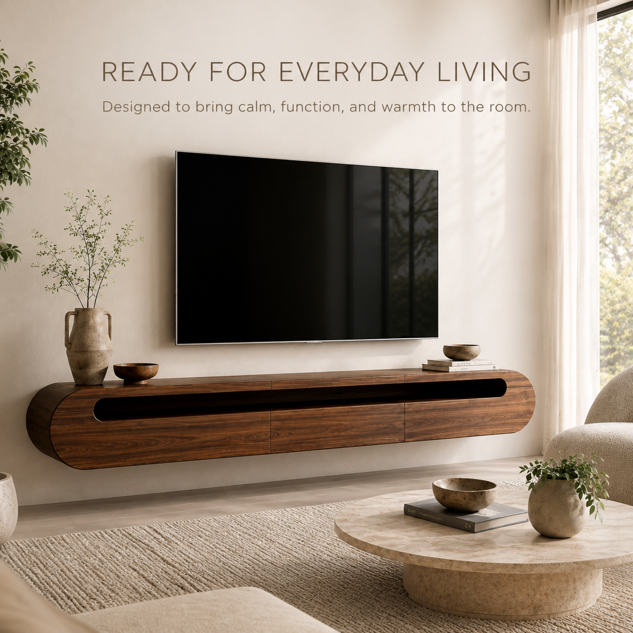 Solene Sculptural Solid Wood TV Stand - Design 025 - TV stand detail and styling view 06