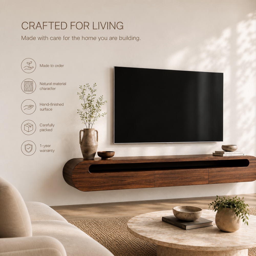 Solene Sculptural Solid Wood TV Stand - Design 025 - TV stand detail and styling view 08