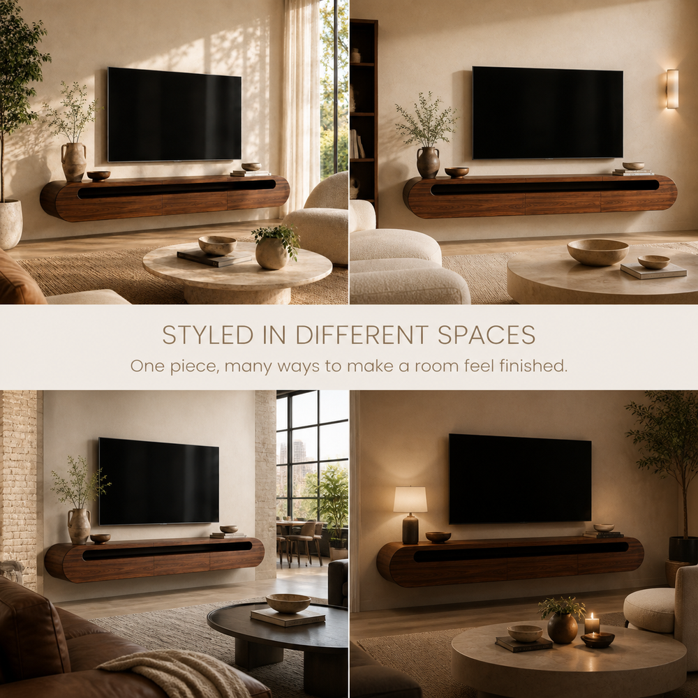 Solene Sculptural Solid Wood TV Stand - Design 025 - TV stand detail and styling view 09