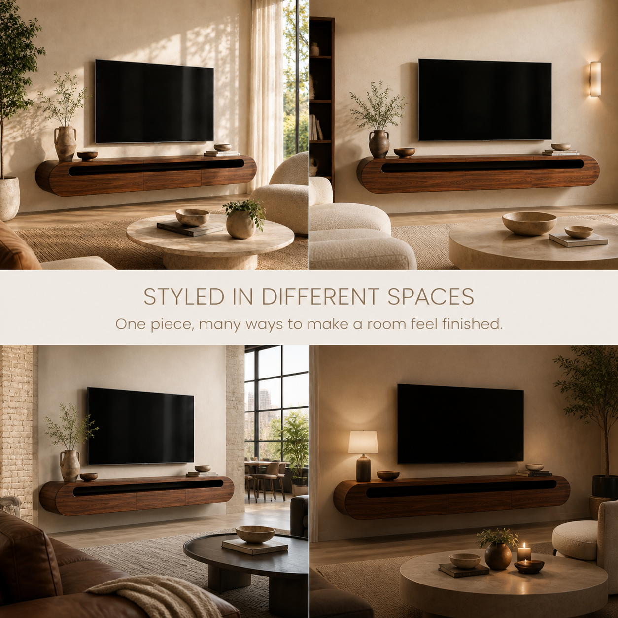 Solene Sculptural Solid Wood TV Stand - Design 025 - TV stand detail and styling view 09