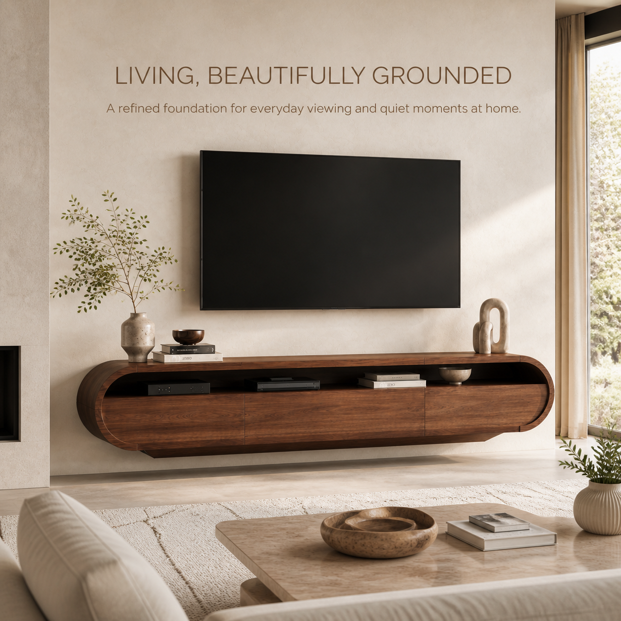 Avira Sculptural Solid Wood TV Stand - Design 026 - TV stand detail and styling view 01