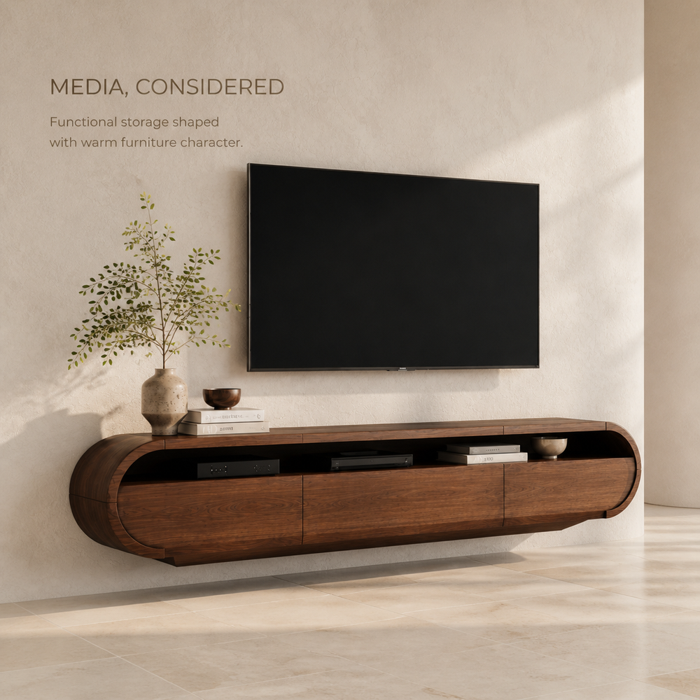 Avira Sculptural Solid Wood TV Stand - Design 026 - TV stand detail and styling view 02