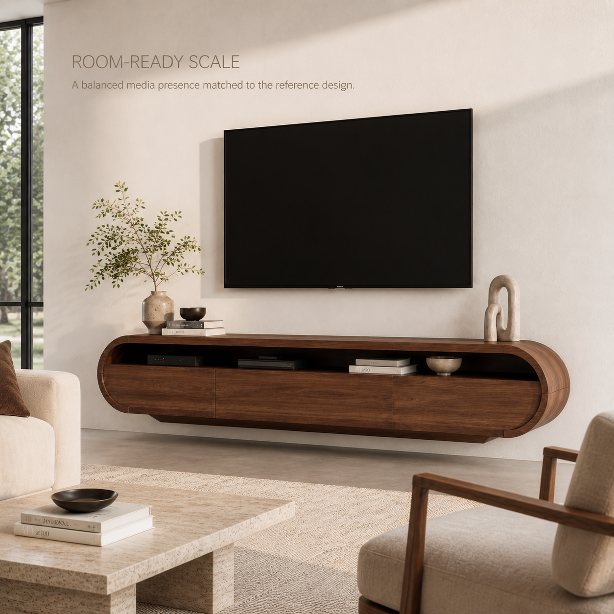 Avira Sculptural Solid Wood TV Stand - Design 026 - TV stand detail and styling view 03