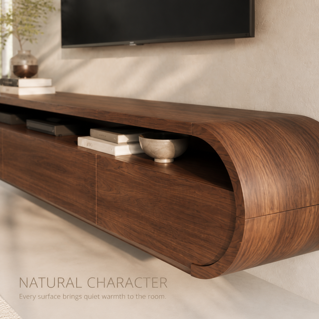 Avira Sculptural Solid Wood TV Stand - Design 026 - TV stand detail and styling view 04