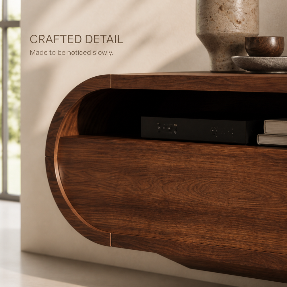 Avira Sculptural Solid Wood TV Stand - Design 026 - TV stand detail and styling view 05