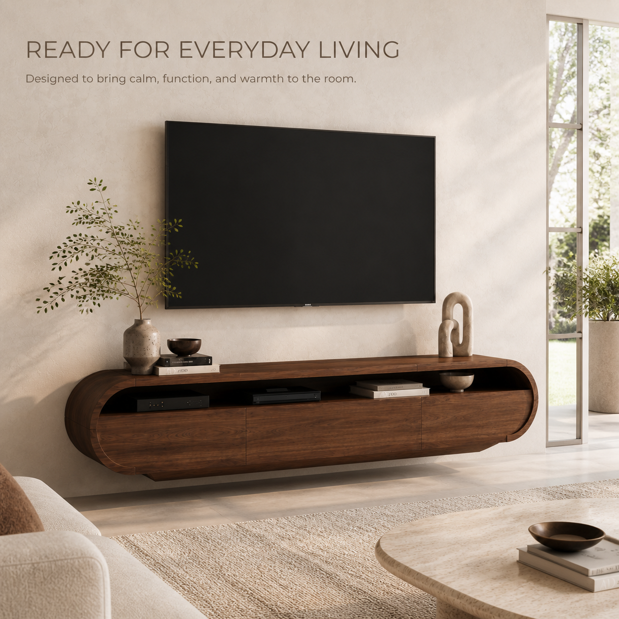 Avira Sculptural Solid Wood TV Stand - Design 026 - TV stand detail and styling view 06