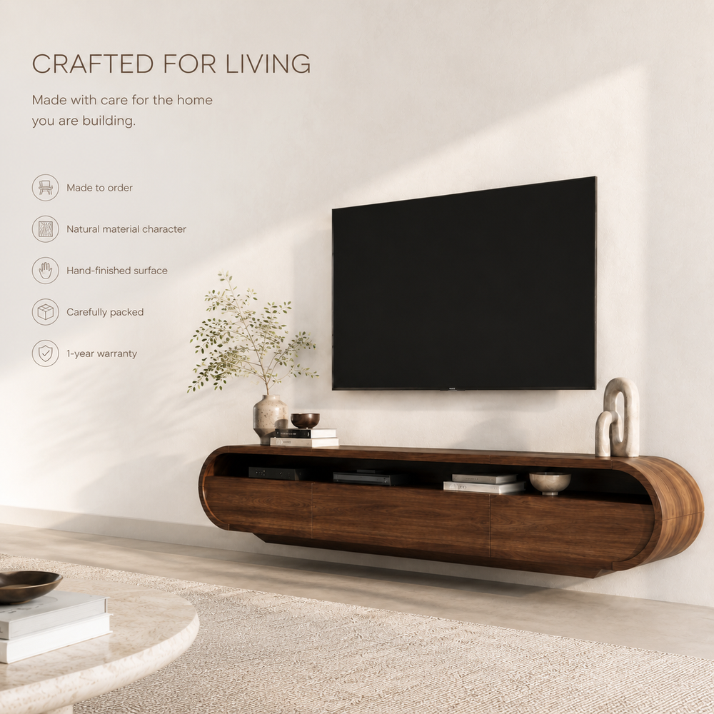 Avira Sculptural Solid Wood TV Stand - Design 026 - TV stand detail and styling view 08