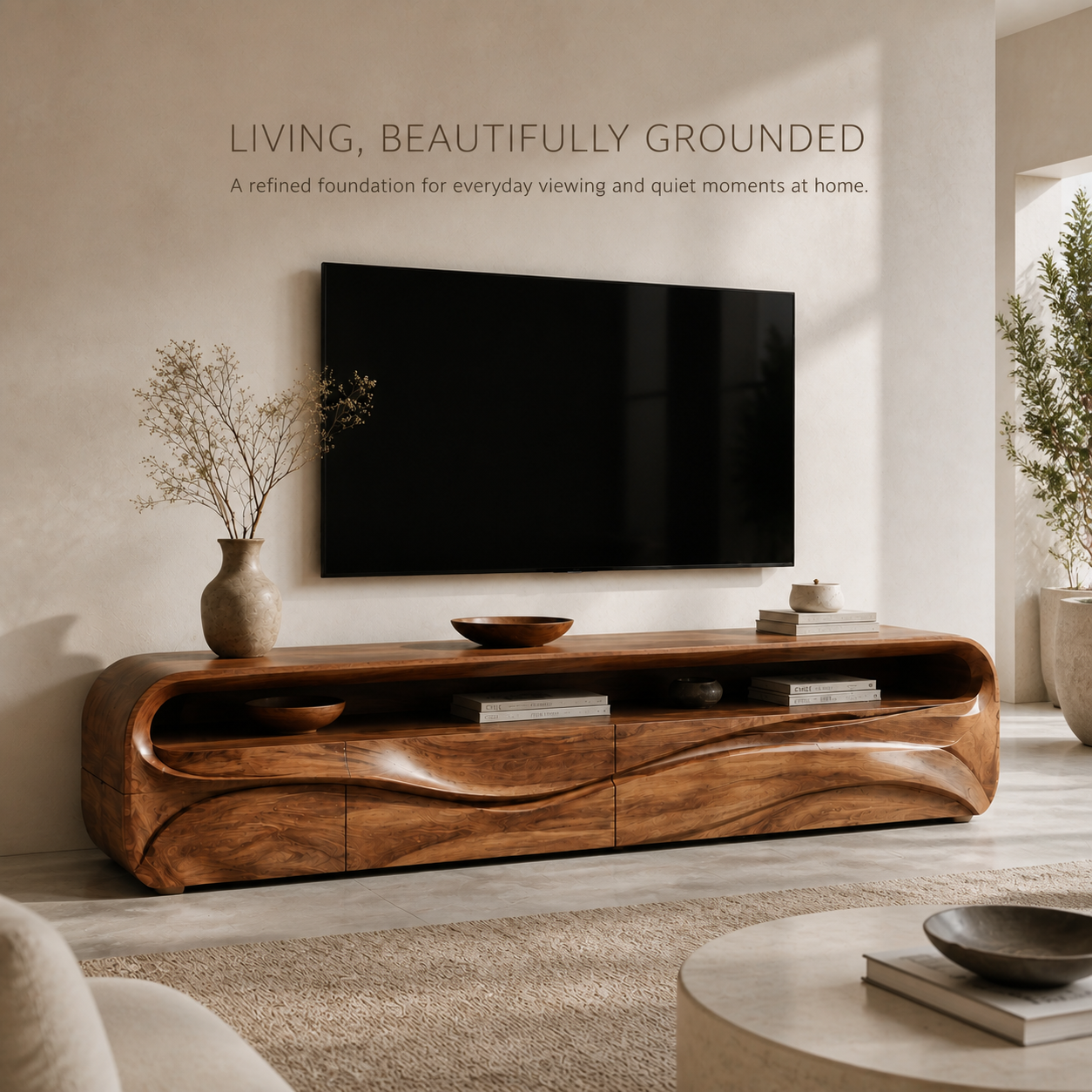 Lorien Sculptural Solid Wood TV Stand - Design 027 - TV stand detail and styling view 01