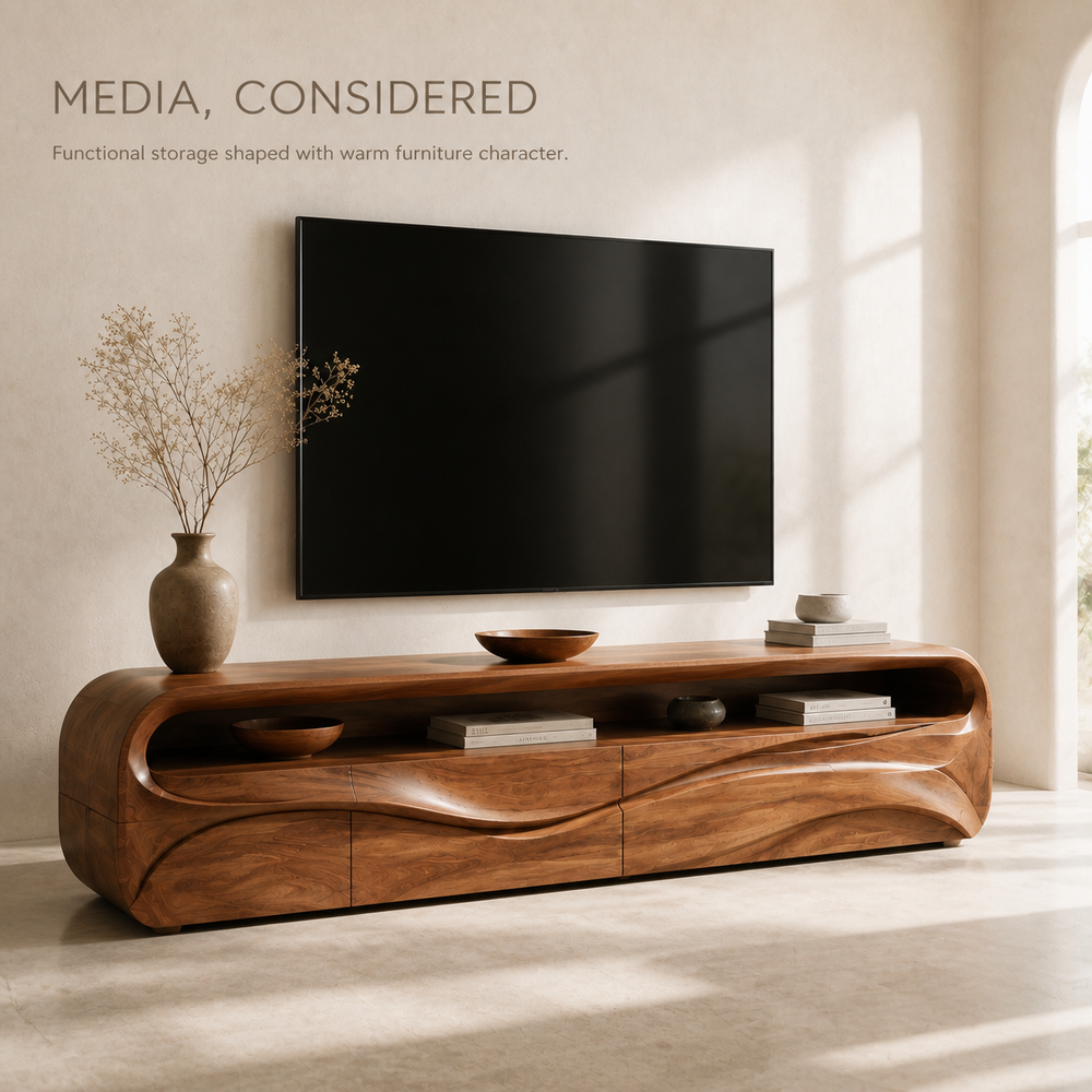 Lorien Sculptural Solid Wood TV Stand - Design 027 - TV stand detail and styling view 02