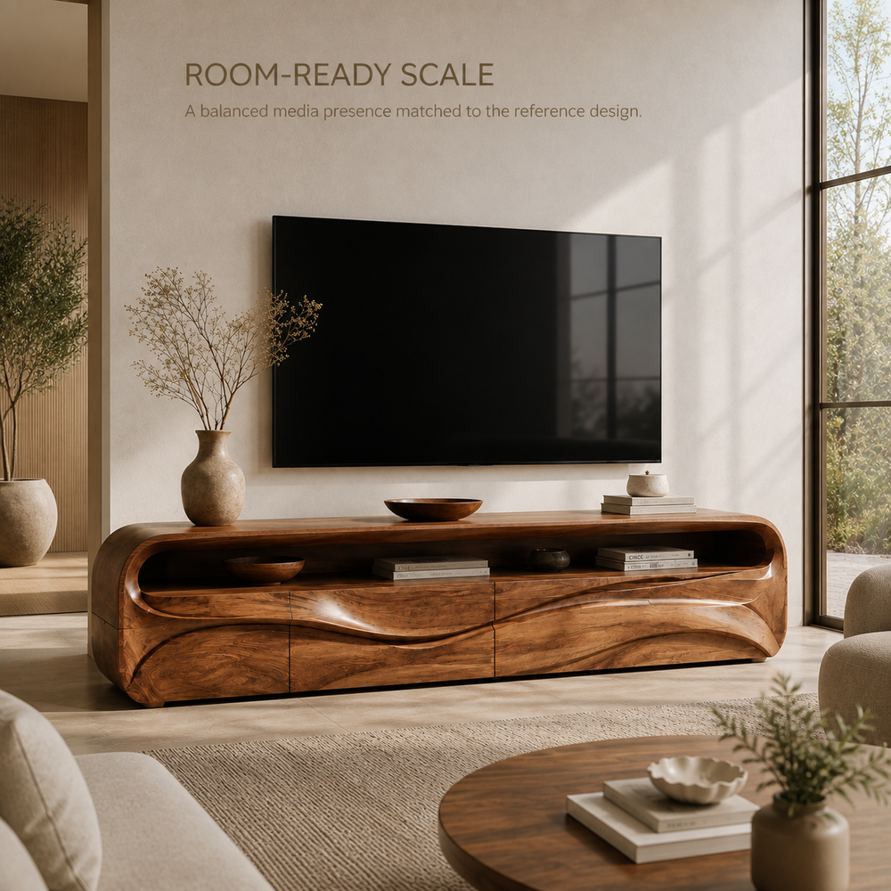 Lorien Sculptural Solid Wood TV Stand - Design 027 - TV stand detail and styling view 03