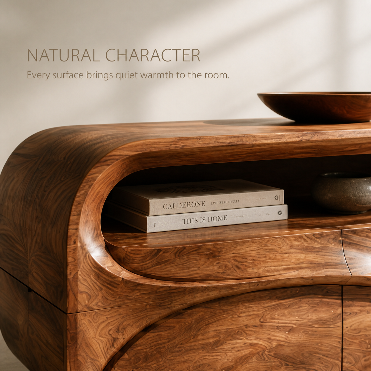 Lorien Sculptural Solid Wood TV Stand - Design 027 - TV stand detail and styling view 04
