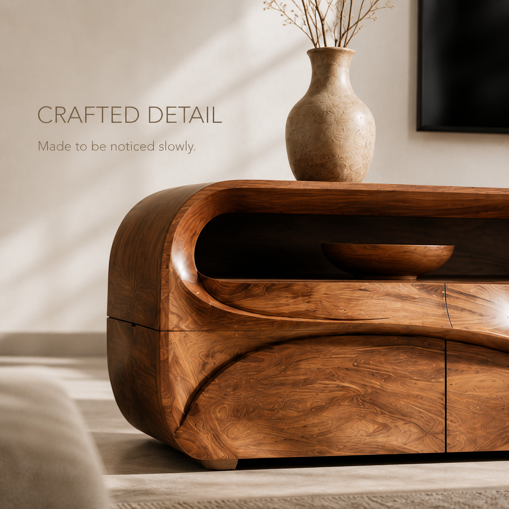 Lorien Sculptural Solid Wood TV Stand - Design 027 - TV stand detail and styling view 05