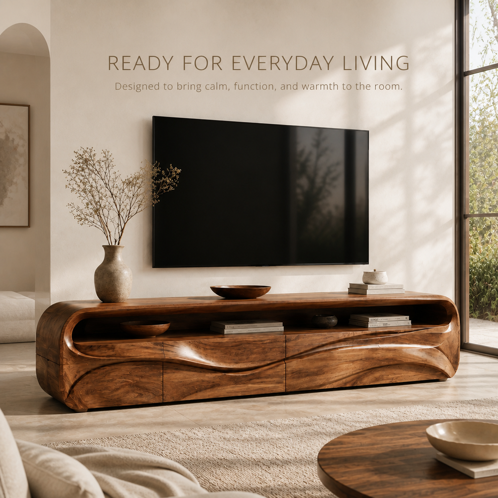 Lorien Sculptural Solid Wood TV Stand - Design 027 - TV stand detail and styling view 06