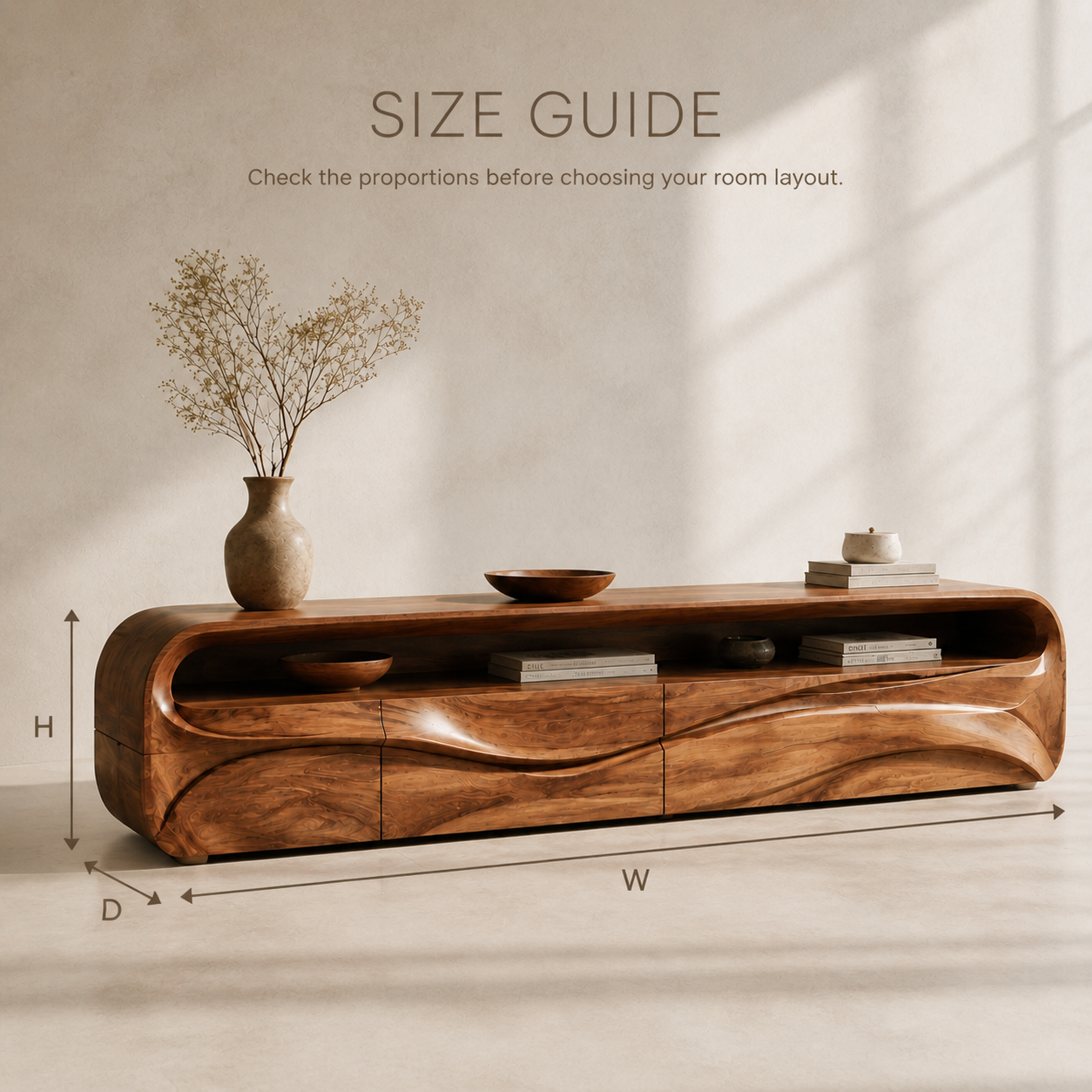 Lorien Sculptural Solid Wood TV Stand - Design 027 - TV stand detail and styling view 07