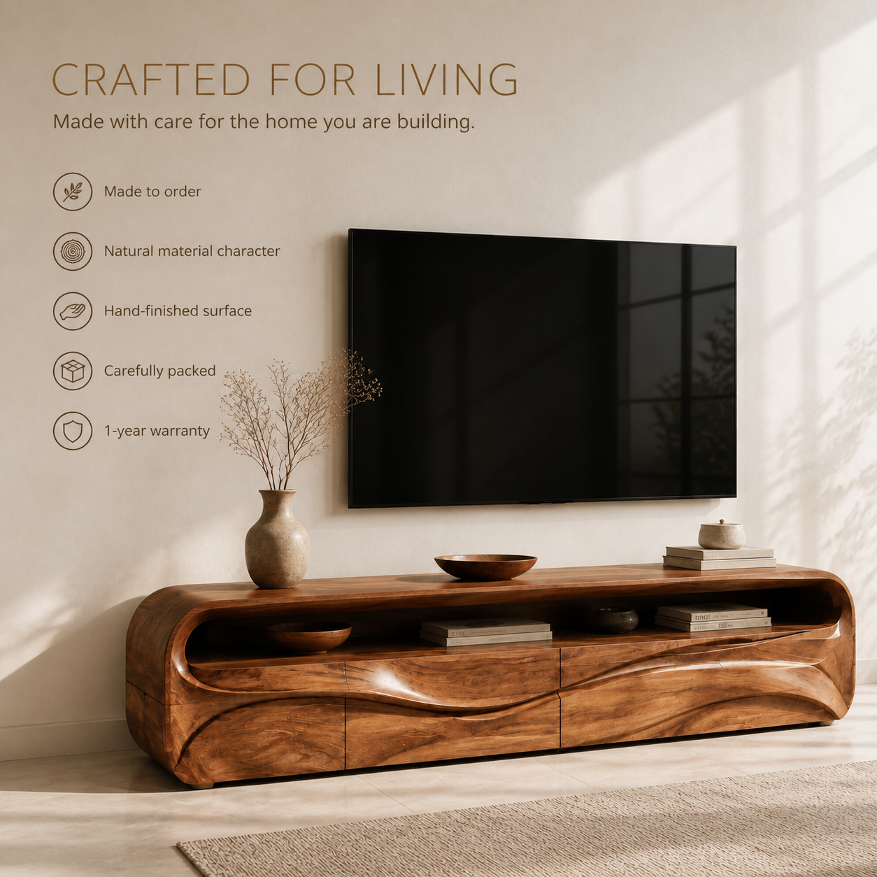 Lorien Sculptural Solid Wood TV Stand - Design 027 - TV stand detail and styling view 08