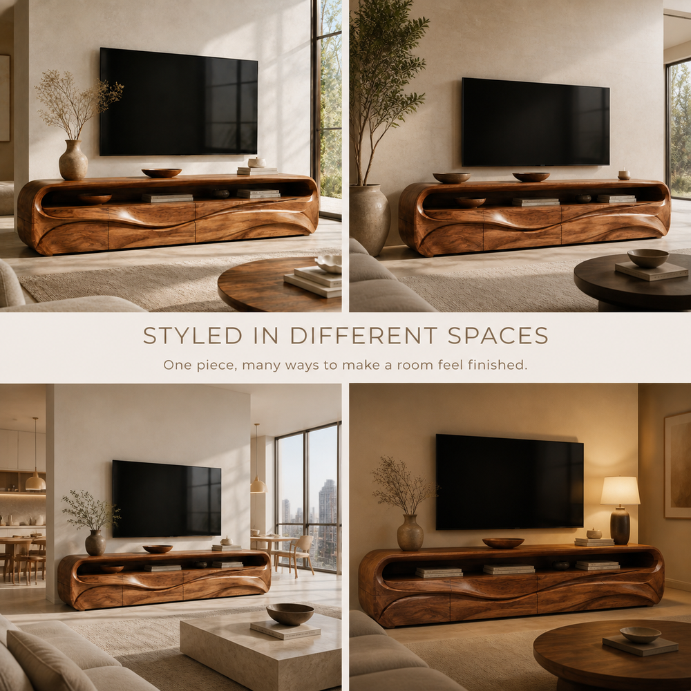 Lorien Sculptural Solid Wood TV Stand - Design 027 - TV stand detail and styling view 09
