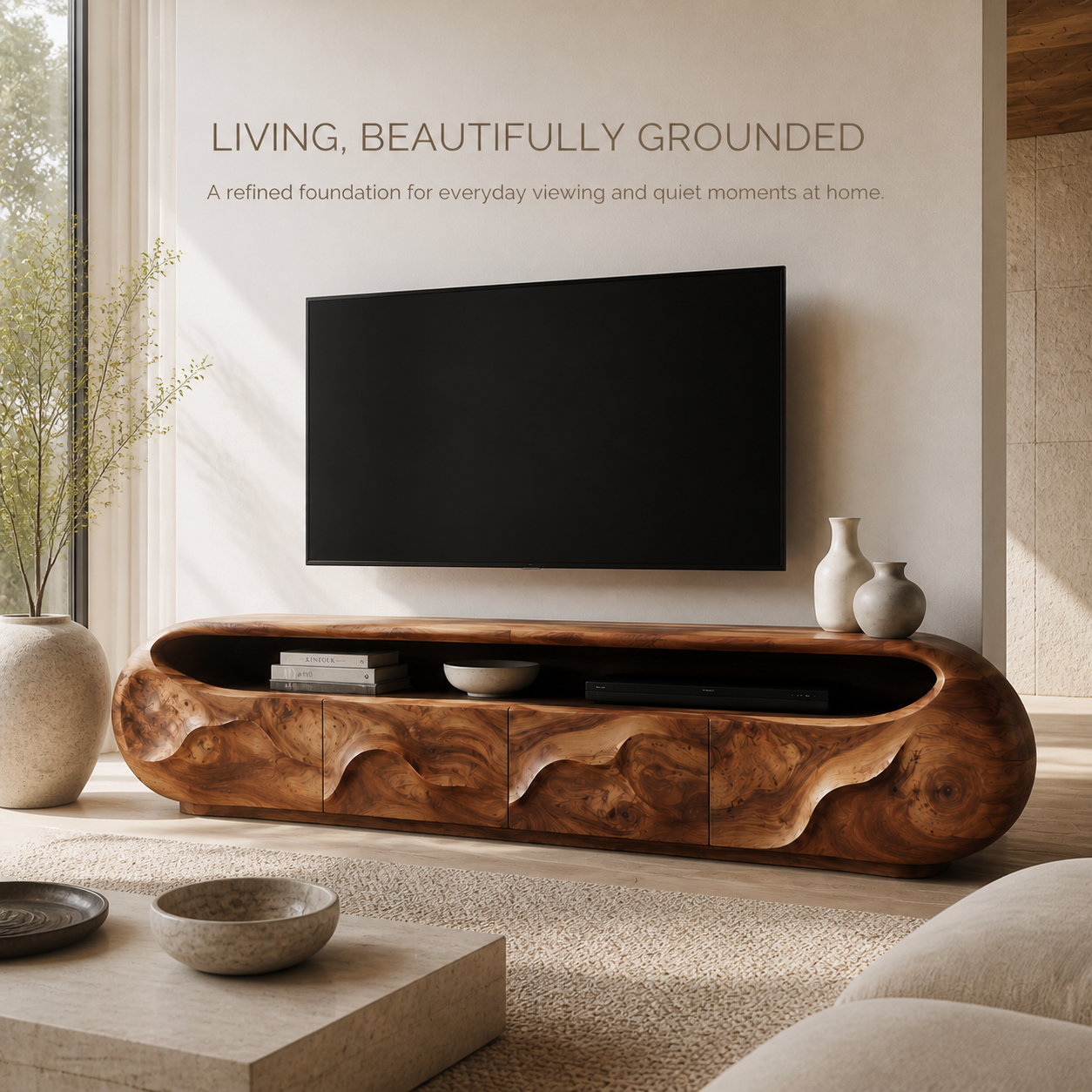 Cassian Sculptural Solid Wood TV Stand - Design 028 - TV stand detail and styling view 01