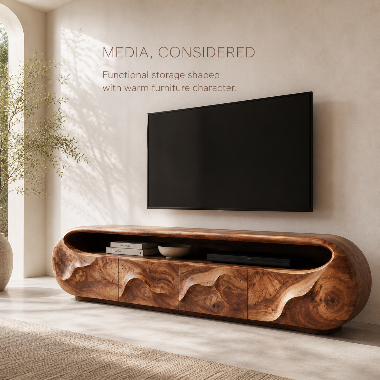 Cassian Sculptural Solid Wood TV Stand - Design 028 - TV stand detail and styling view 02