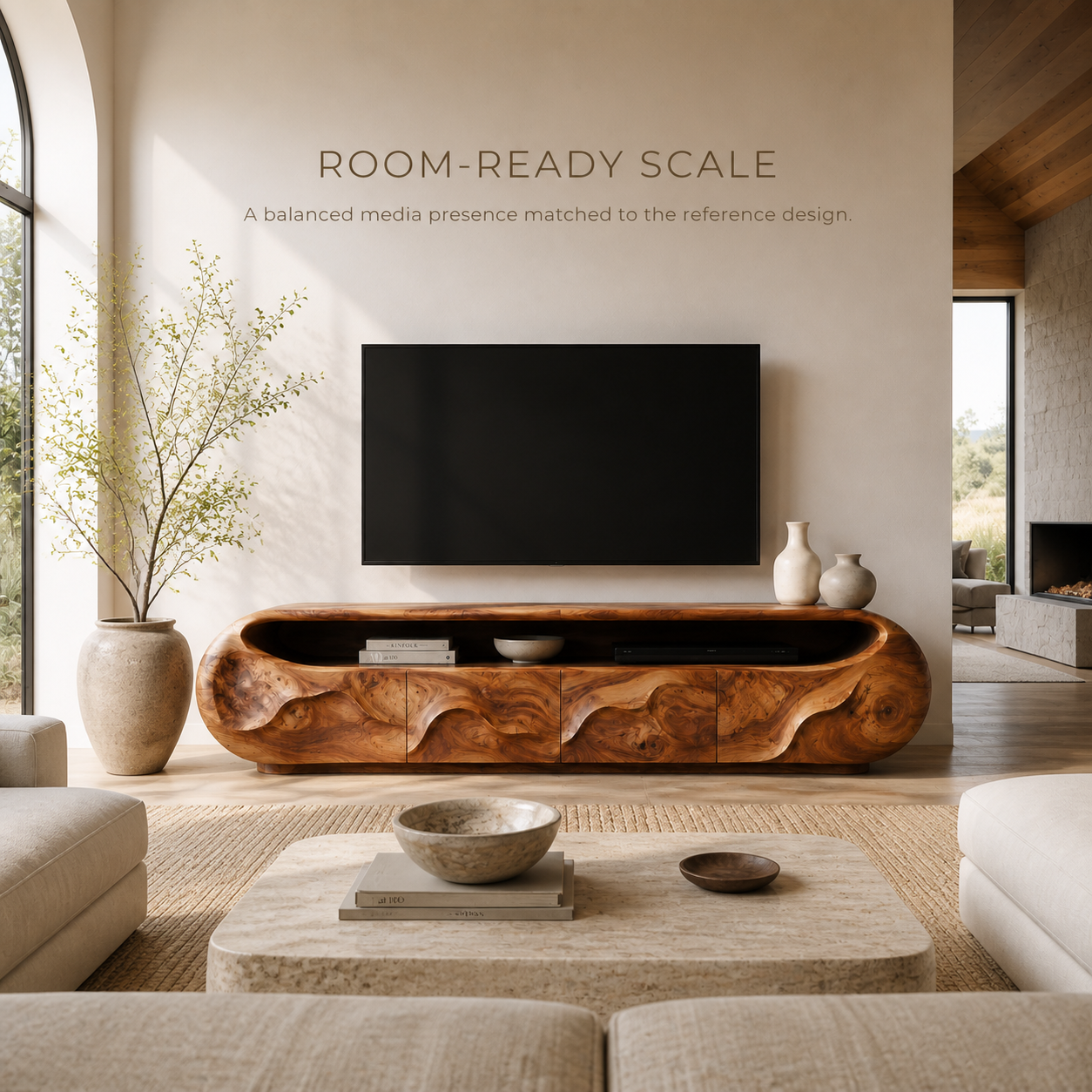 Cassian Sculptural Solid Wood TV Stand - Design 028 - TV stand detail and styling view 03