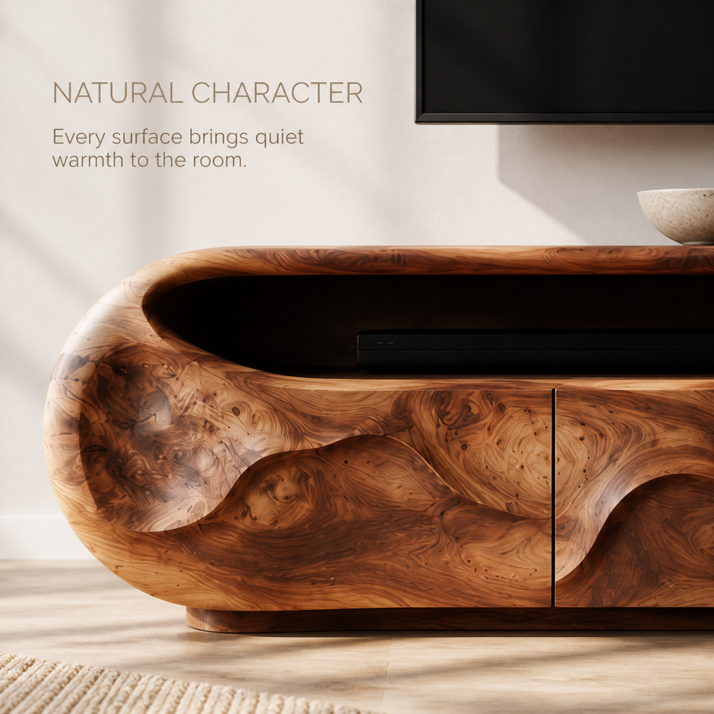 Cassian Sculptural Solid Wood TV Stand - Design 028 - TV stand detail and styling view 04