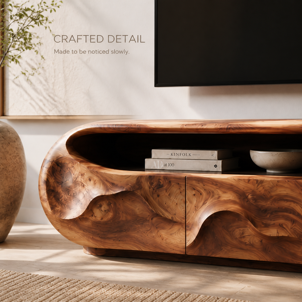 Cassian Sculptural Solid Wood TV Stand - Design 028 - TV stand detail and styling view 05