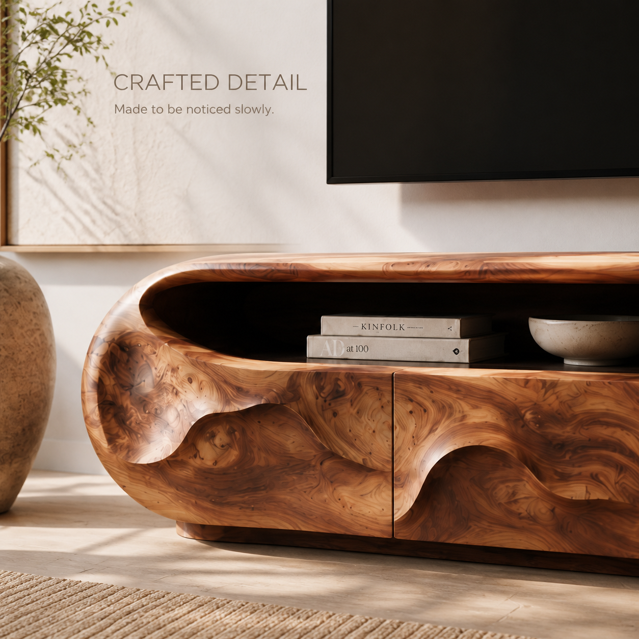 Cassian Sculptural Solid Wood TV Stand - Design 028 - TV stand detail and styling view 05