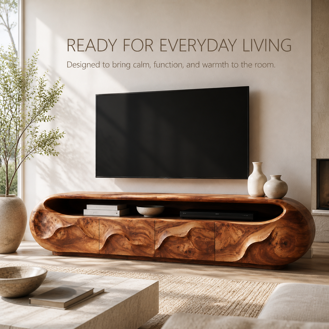 Cassian Sculptural Solid Wood TV Stand - Design 028 - TV stand detail and styling view 06