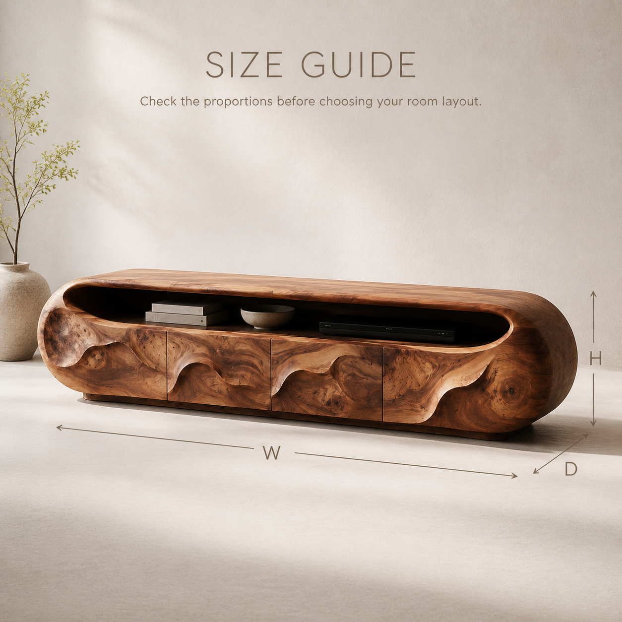 Cassian Sculptural Solid Wood TV Stand - Design 028 - TV stand detail and styling view 07
