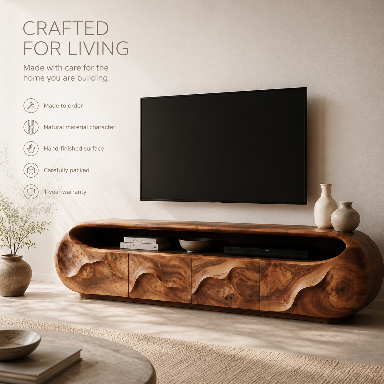 Cassian Sculptural Solid Wood TV Stand - Design 028 - TV stand detail and styling view 08