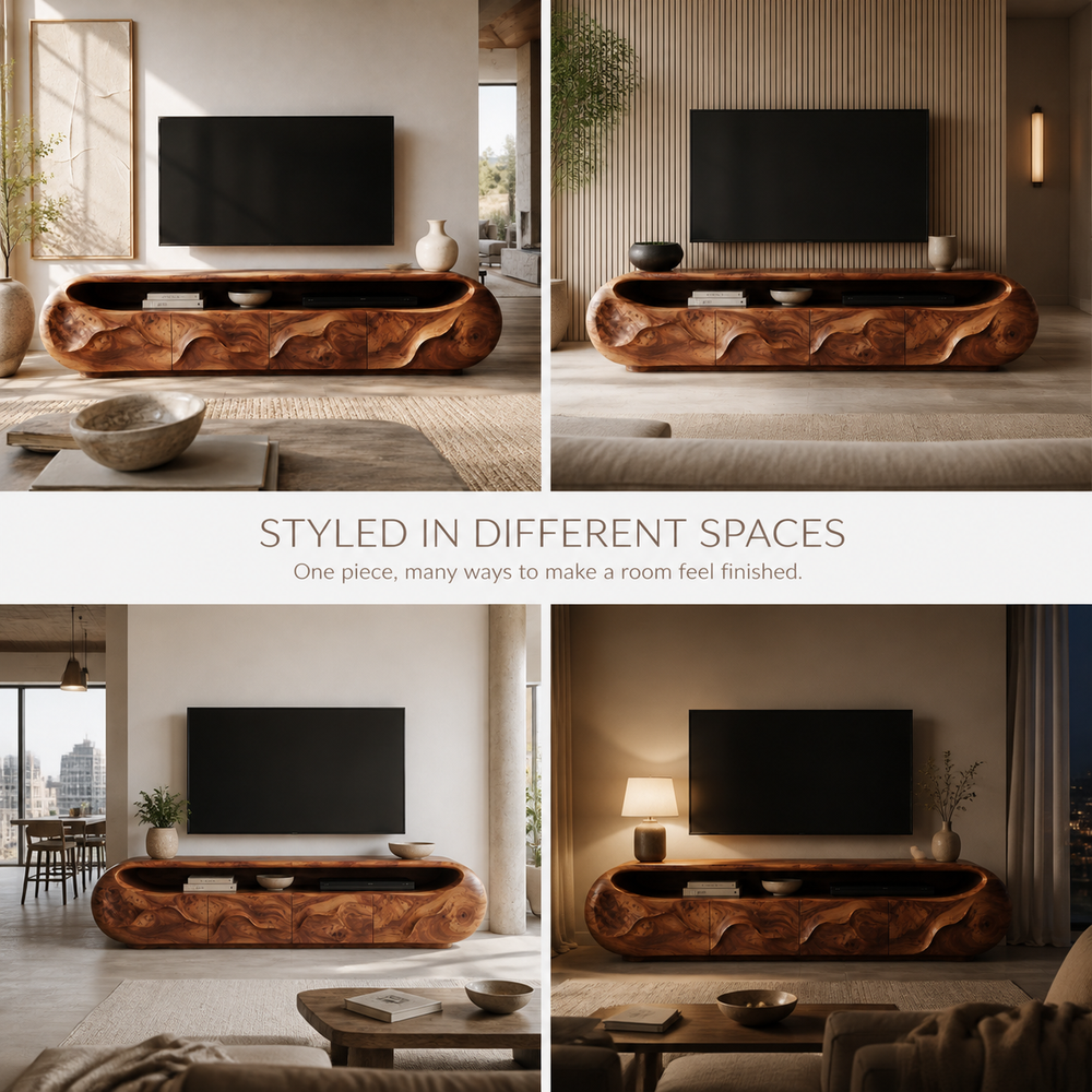 Cassian Sculptural Solid Wood TV Stand - Design 028 - TV stand detail and styling view 09