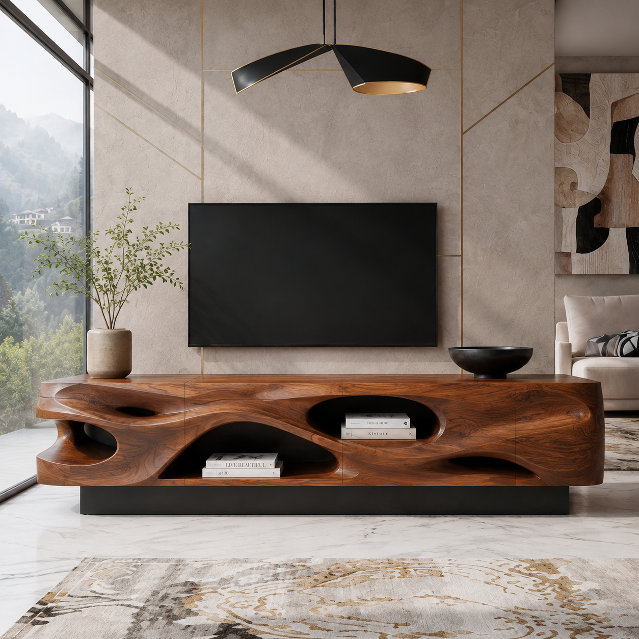 Evren Sculptural Solid Wood TV Stand - Design 029 - premium solid wood TV stand main lifestyle view
