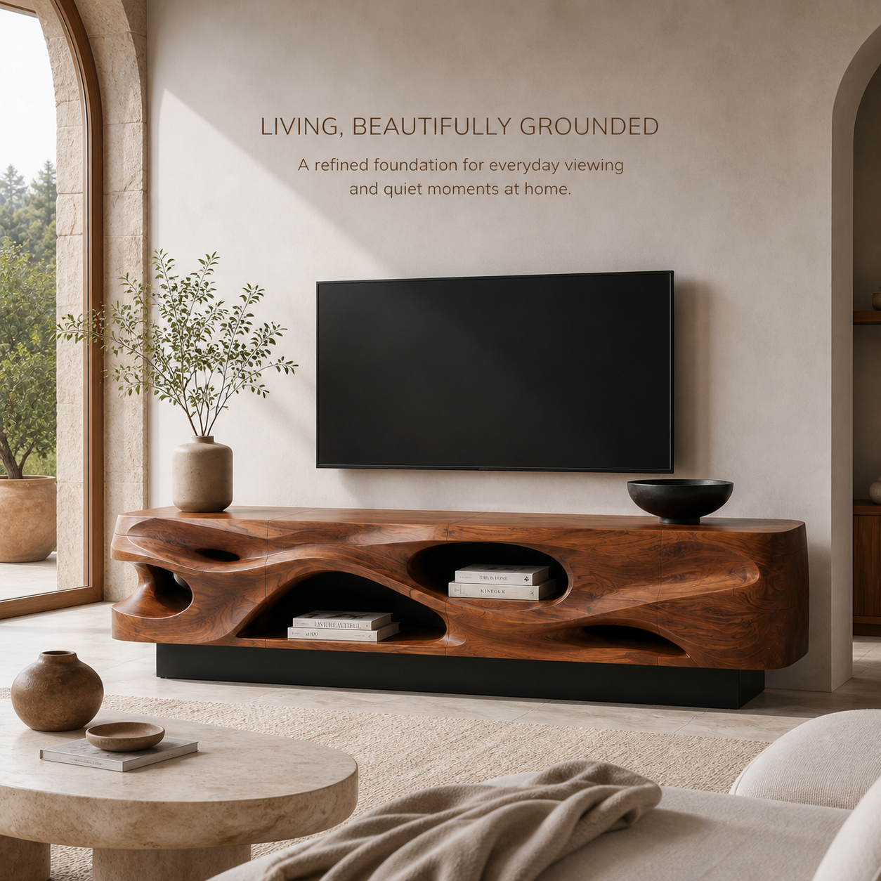 Evren Sculptural Solid Wood TV Stand - Design 029 - TV stand detail and styling view 01