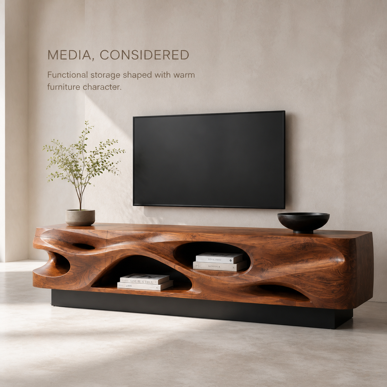 Evren Sculptural Solid Wood TV Stand - Design 029 - TV stand detail and styling view 02