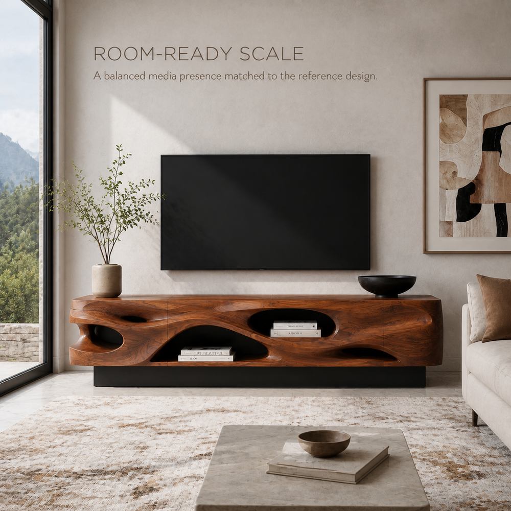 Evren Sculptural Solid Wood TV Stand - Design 029 - TV stand detail and styling view 03