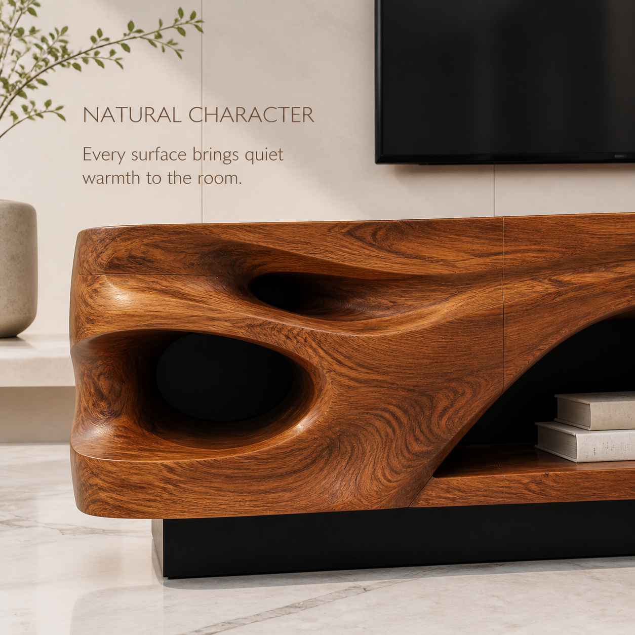 Evren Sculptural Solid Wood TV Stand - Design 029 - TV stand detail and styling view 04