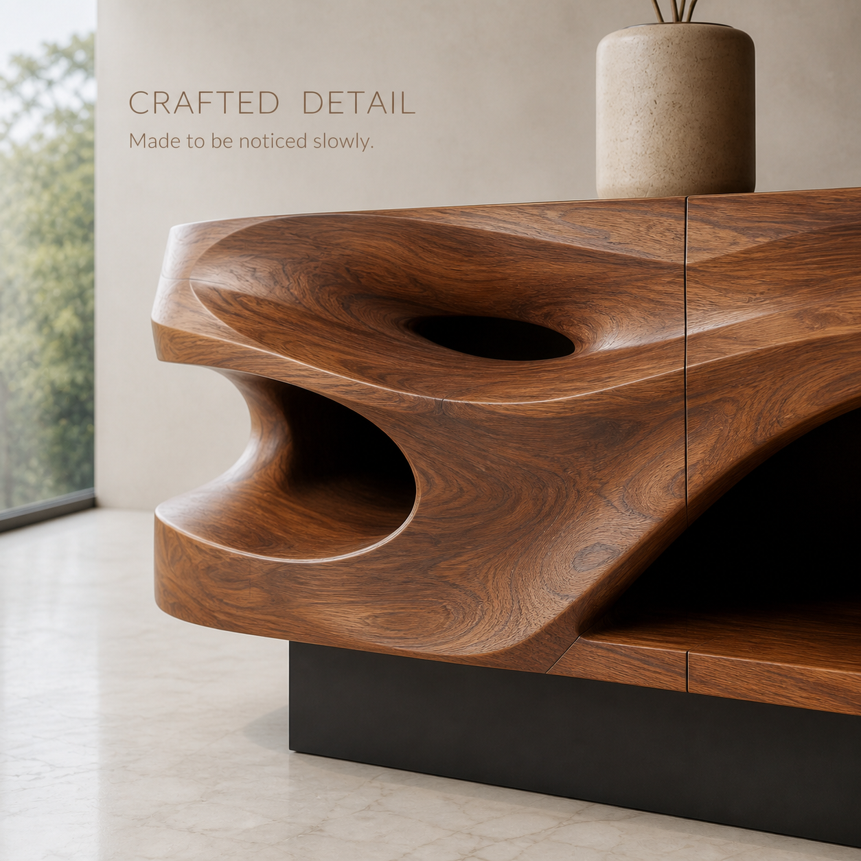 Evren Sculptural Solid Wood TV Stand - Design 029 - TV stand detail and styling view 05