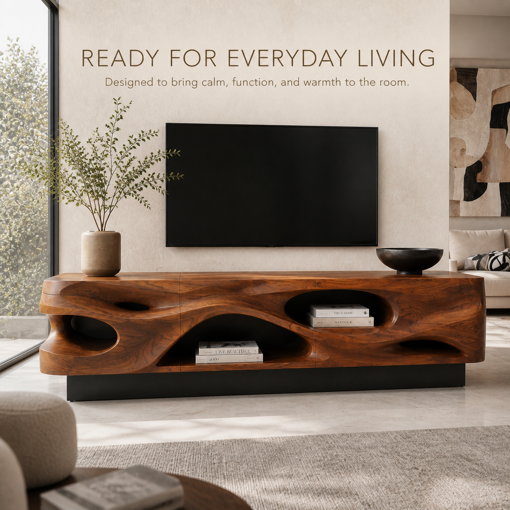 Evren Sculptural Solid Wood TV Stand - Design 029 - TV stand detail and styling view 06