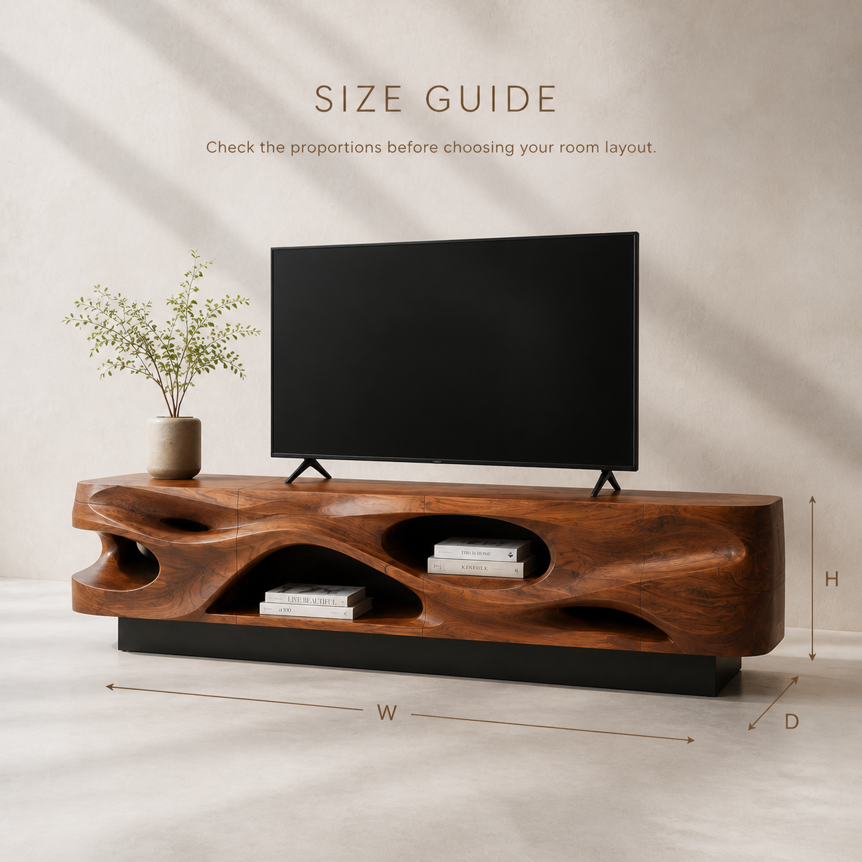 Evren Sculptural Solid Wood TV Stand - Design 029 - TV stand detail and styling view 07