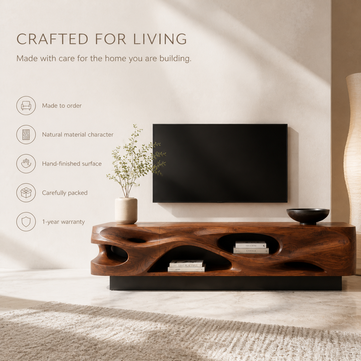 Evren Sculptural Solid Wood TV Stand - Design 029 - TV stand detail and styling view 08