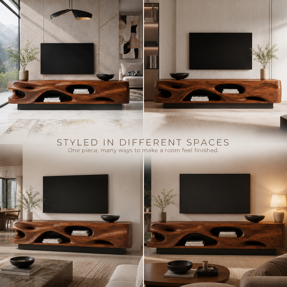 Evren Sculptural Solid Wood TV Stand - Design 029 - TV stand detail and styling view 09