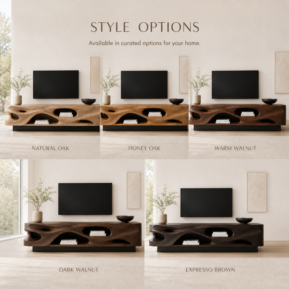 Evren Sculptural Solid Wood TV Stand - Design 029 - TV stand detail and styling view 10