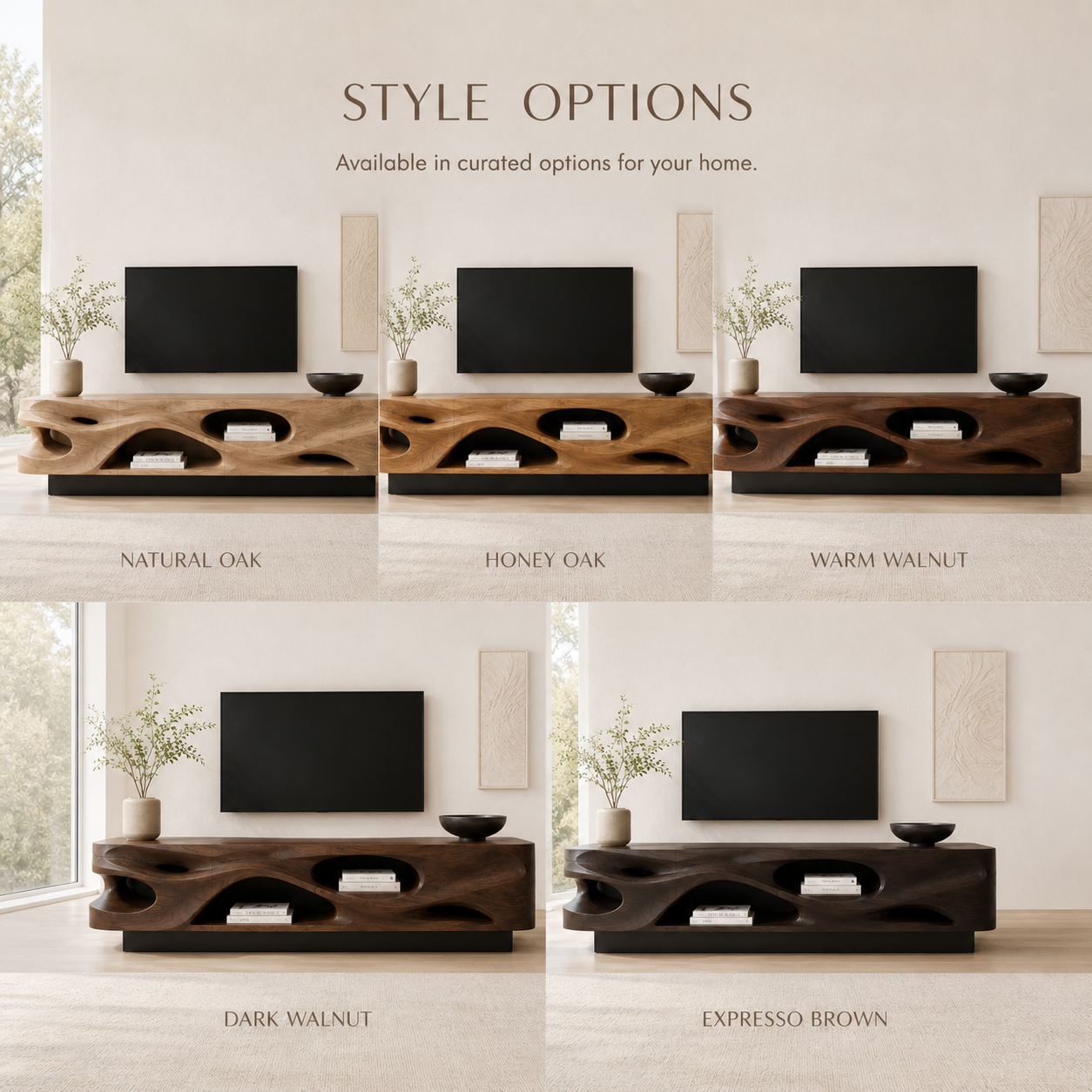 Evren Sculptural Solid Wood TV Stand - Design 029 - TV stand detail and styling view 10