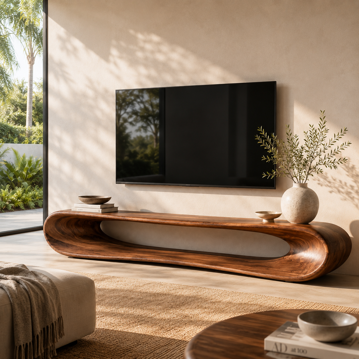 Noelle Sculptural Solid Wood TV Stand - Design 030 - premium solid wood TV stand main lifestyle view
