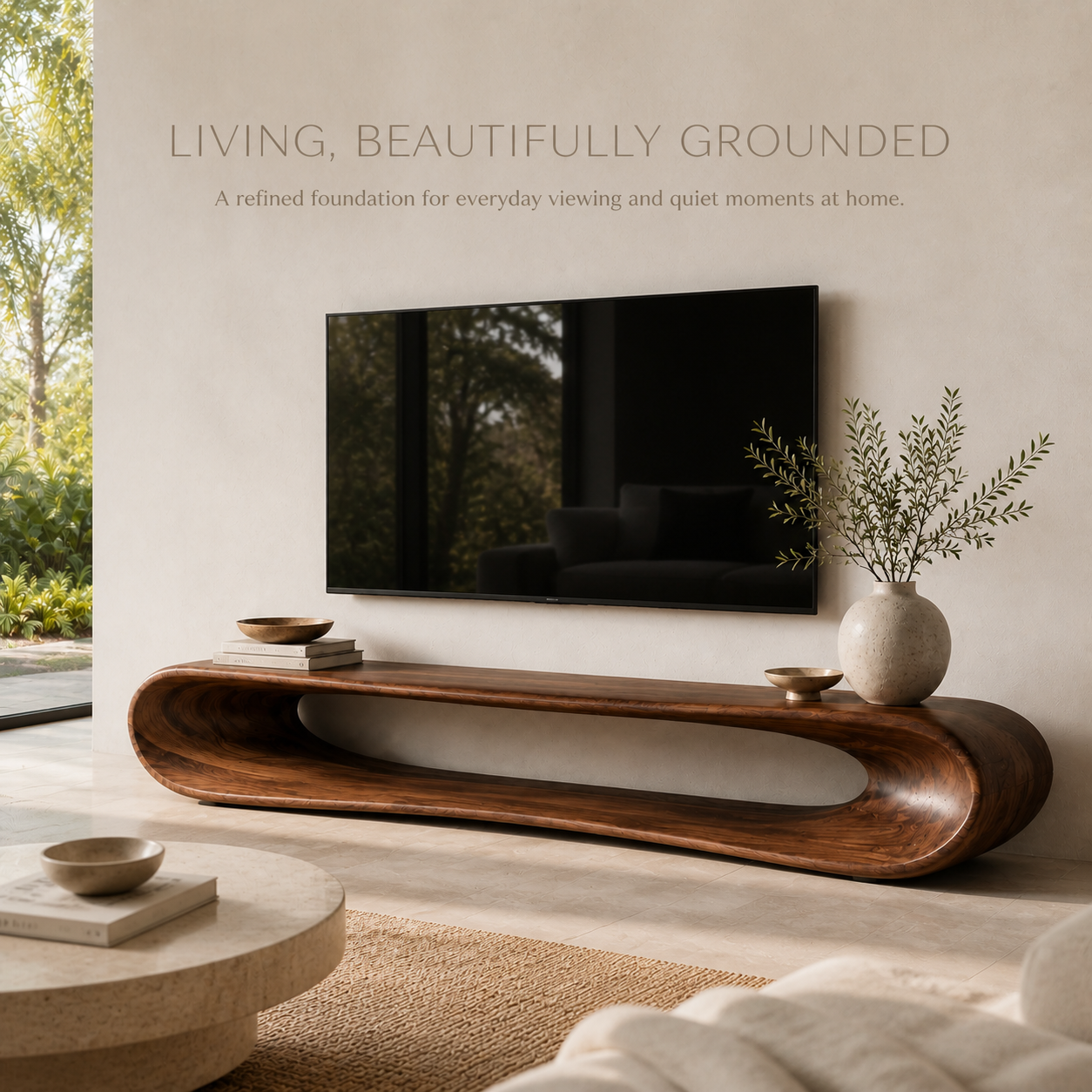 Noelle Sculptural Solid Wood TV Stand - Design 030 - TV stand detail and styling view 01