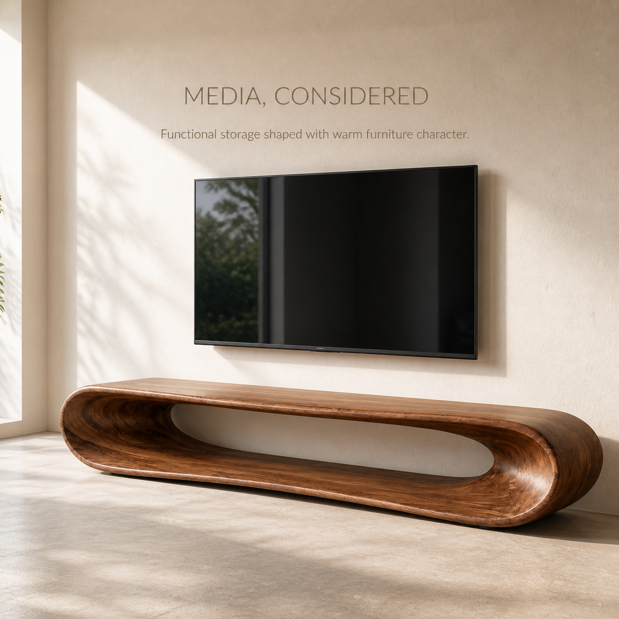 Noelle Sculptural Solid Wood TV Stand - Design 030 - TV stand detail and styling view 02
