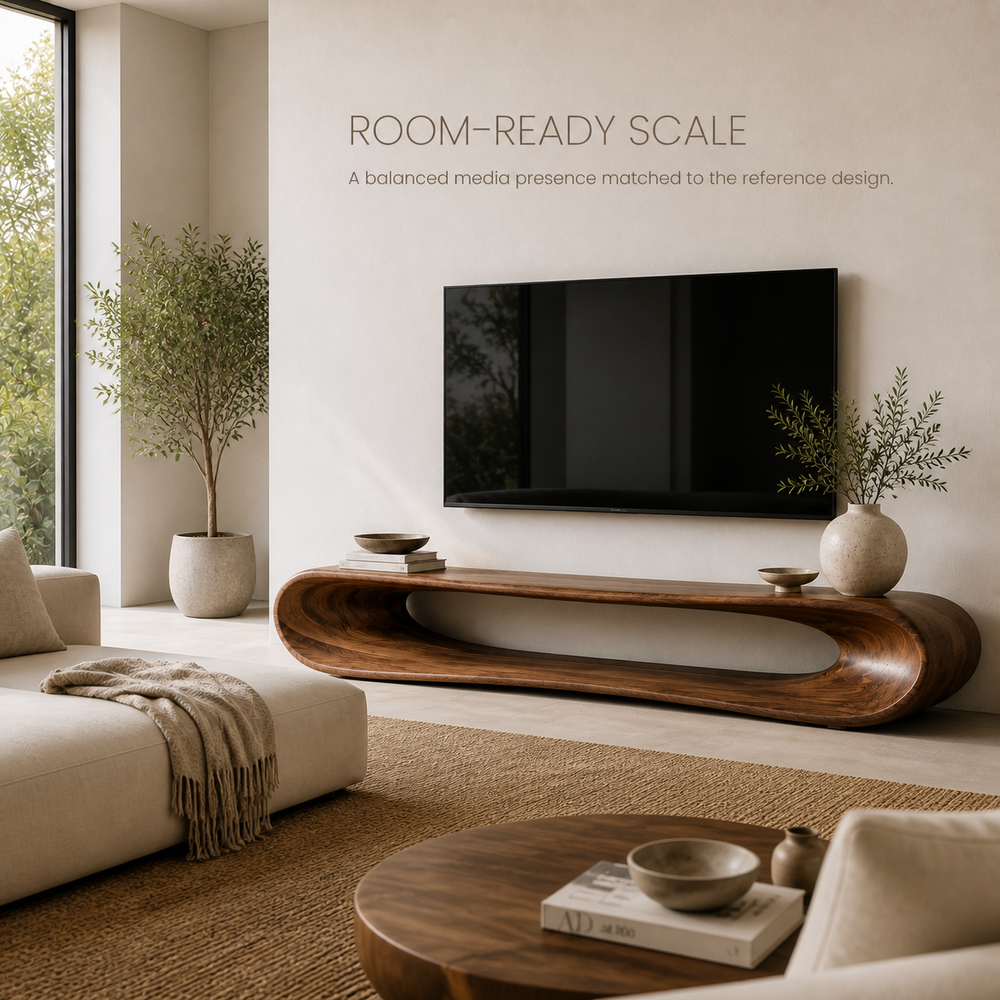 Noelle Sculptural Solid Wood TV Stand - Design 030 - TV stand detail and styling view 03