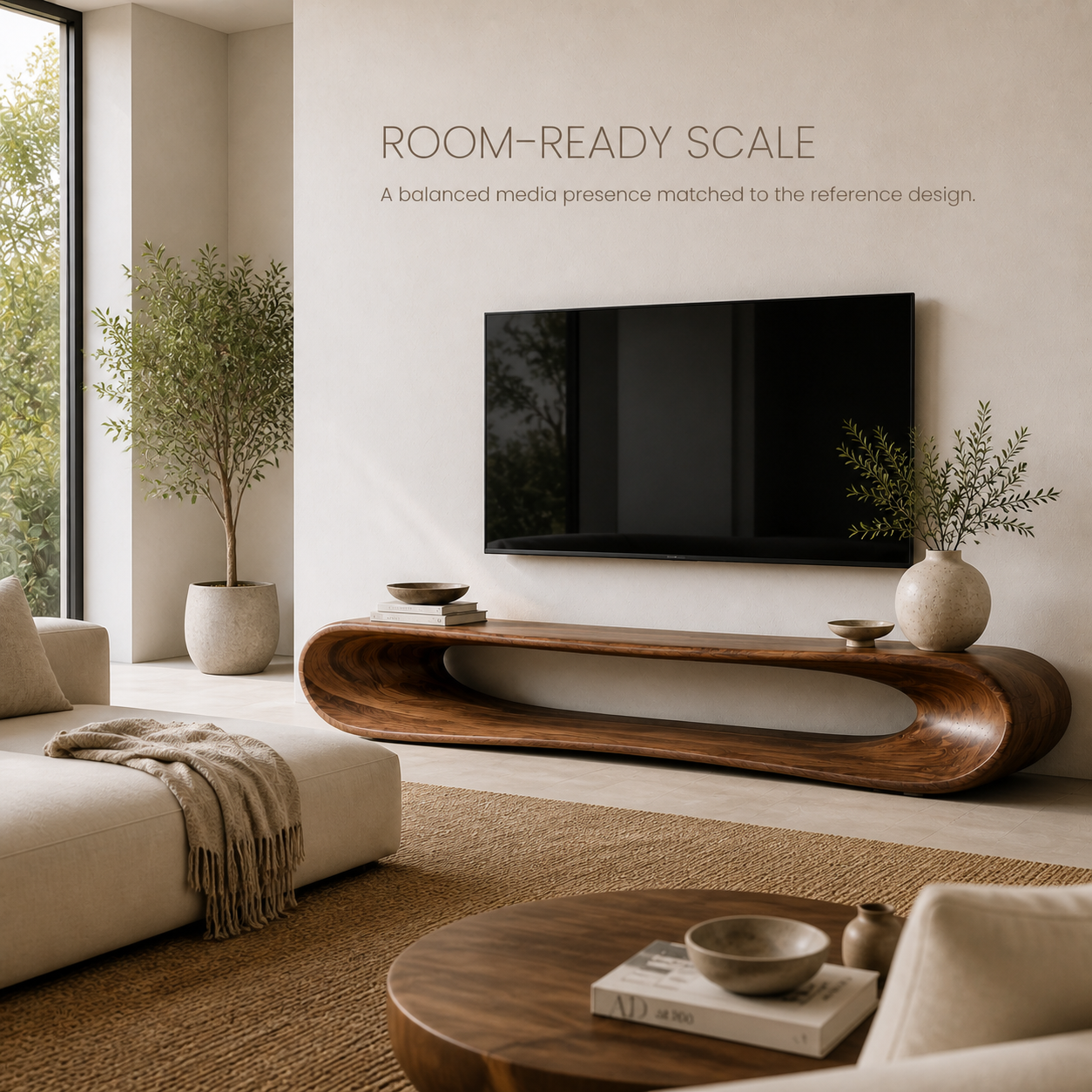Noelle Sculptural Solid Wood TV Stand - Design 030 - TV stand detail and styling view 03