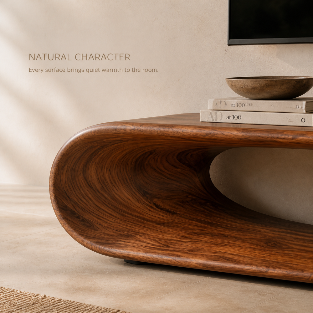 Noelle Sculptural Solid Wood TV Stand - Design 030 - TV stand detail and styling view 04