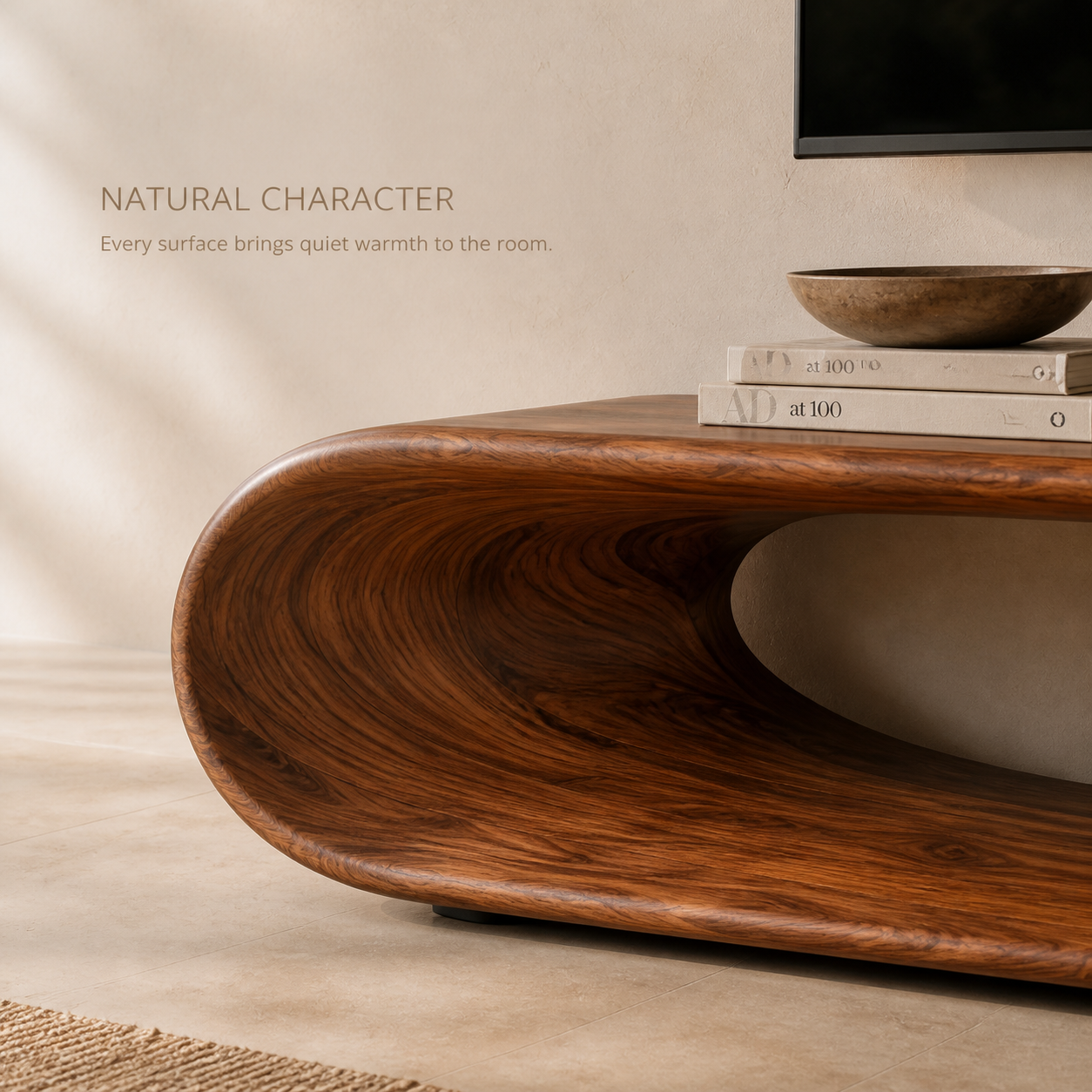 Noelle Sculptural Solid Wood TV Stand - Design 030 - TV stand detail and styling view 04