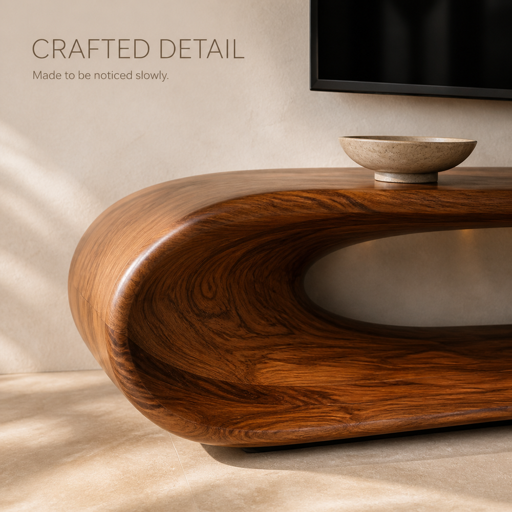 Noelle Sculptural Solid Wood TV Stand - Design 030 - TV stand detail and styling view 05